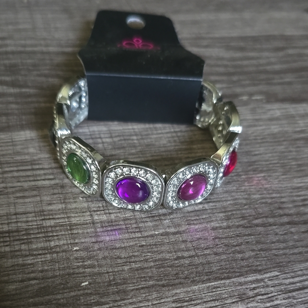 Paparazzi Silver Bracelet with Purple, Green, and Pink Gems